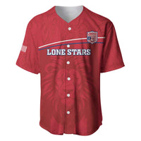 Red baseball jersey with V-neck, button front, Liberia Lion mascot and Lone Stars logo