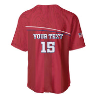 Red back baseball jersey with bold Your Text 15 and American flag sleeve patch