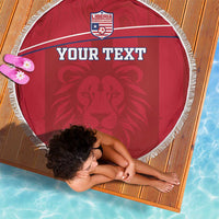 Red round beach blanket with white fringe, Liberia crest and 'YOUR TEXT' over lion graphic.
