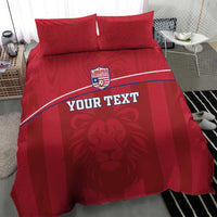 Red duvet cover with Liberia crest and 'YOUR TEXT' graphic, plus two red pillowcases