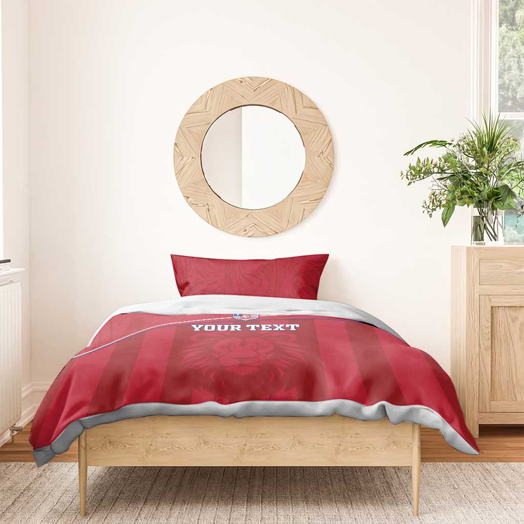 Red bedding set with white curved stripe and 'YOUR TEXT' on duvet, two pillowcases
