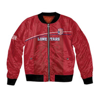 Red bomber jacket with front zipper, Lion crest patch, ribbed cuffs and hem