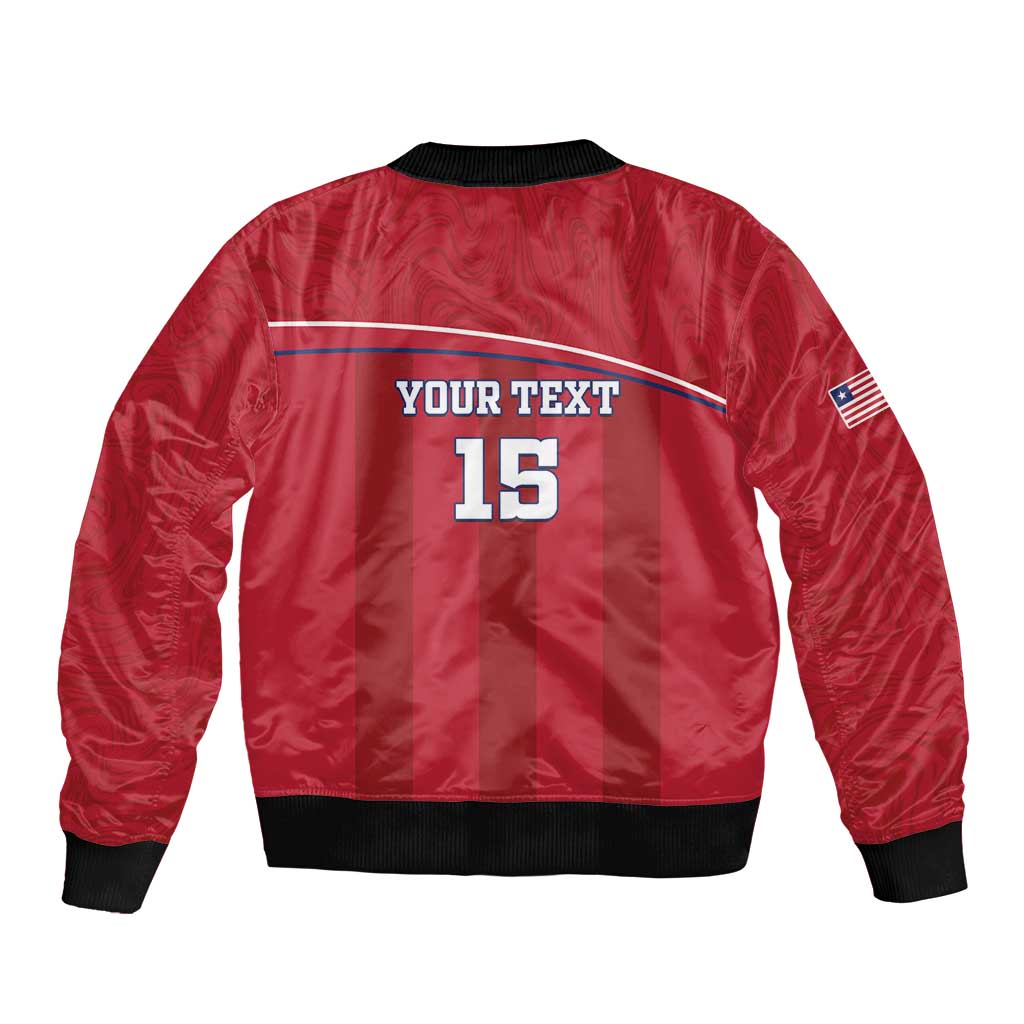 Red bomber jacket back with YOUR TEXT and 15, striped yoke, ribbed cuffs