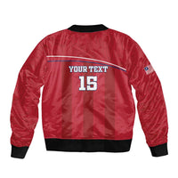 Red bomber jacket back with YOUR TEXT and 15, striped yoke, ribbed cuffs