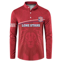 Red long-sleeve button sweatshirt with Liberia crest, Lone Stars front graphic and lion
