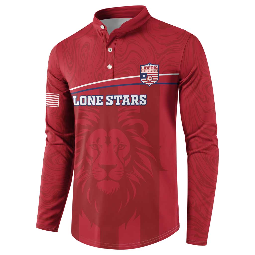 Red long-sleeve button sweatshirt with Liberia crest, Lone Stars banner and lion print