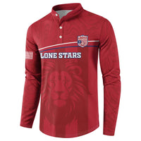 Red long-sleeve button sweatshirt with Liberia crest, Lone Stars banner and lion print