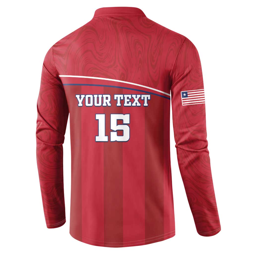 Red long-sleeve button sweatshirt back with "YOUR TEXT" and number 15; US flag sleeve