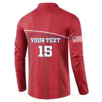 Red long-sleeve button sweatshirt back with "YOUR TEXT" and number 15; US flag sleeve