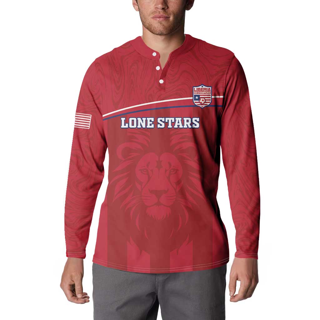 Red long-sleeve button sweatshirt with Liberia crest, Lone Stars banner, lion front and US flag