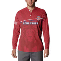 Red long-sleeve button sweatshirt with Liberia crest, Lone Stars banner, lion front and US flag