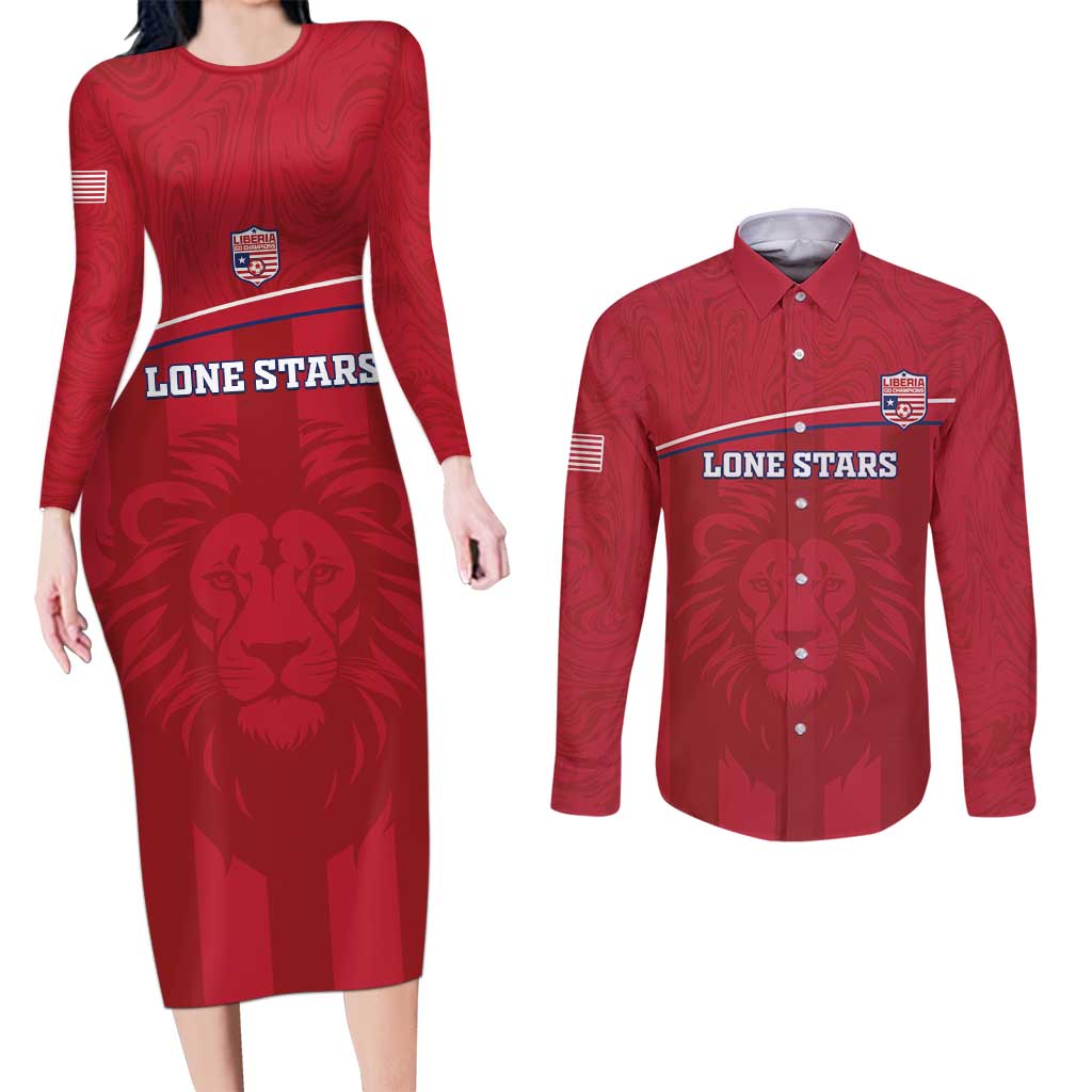 Custom Liberia Football Couples Matching Long Sleeve Bodycon Dress and Long Sleeve Button Shirt Lion Mascot - Red - Wonder Print Shop