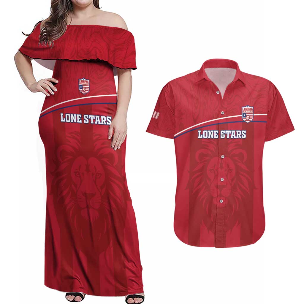 Custom Liberia Football Couples Matching Off Shoulder Maxi Dress and Hawaiian Shirt Lion Mascot - Red - Wonder Print Shop