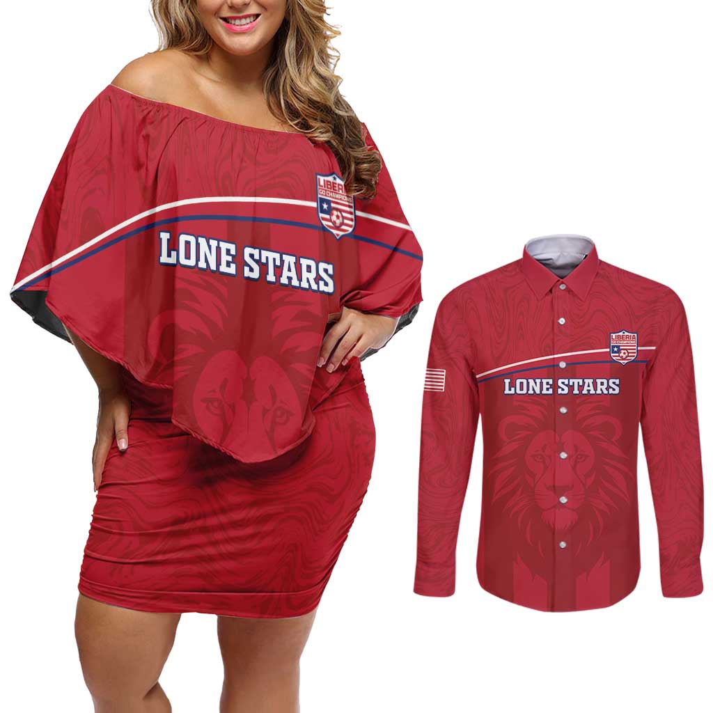 Custom Liberia Football Couples Matching Off Shoulder Short Dress and Long Sleeve Button Shirt Lion Mascot - Red - Wonder Print Shop