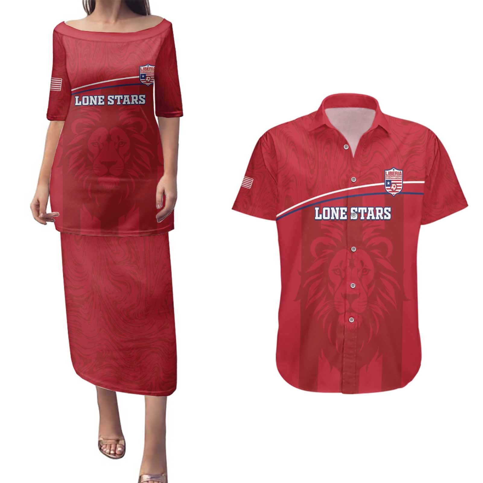 Custom Liberia Football Couples Matching Puletasi and Hawaiian Shirt Lion Mascot - Red - Wonder Print Shop