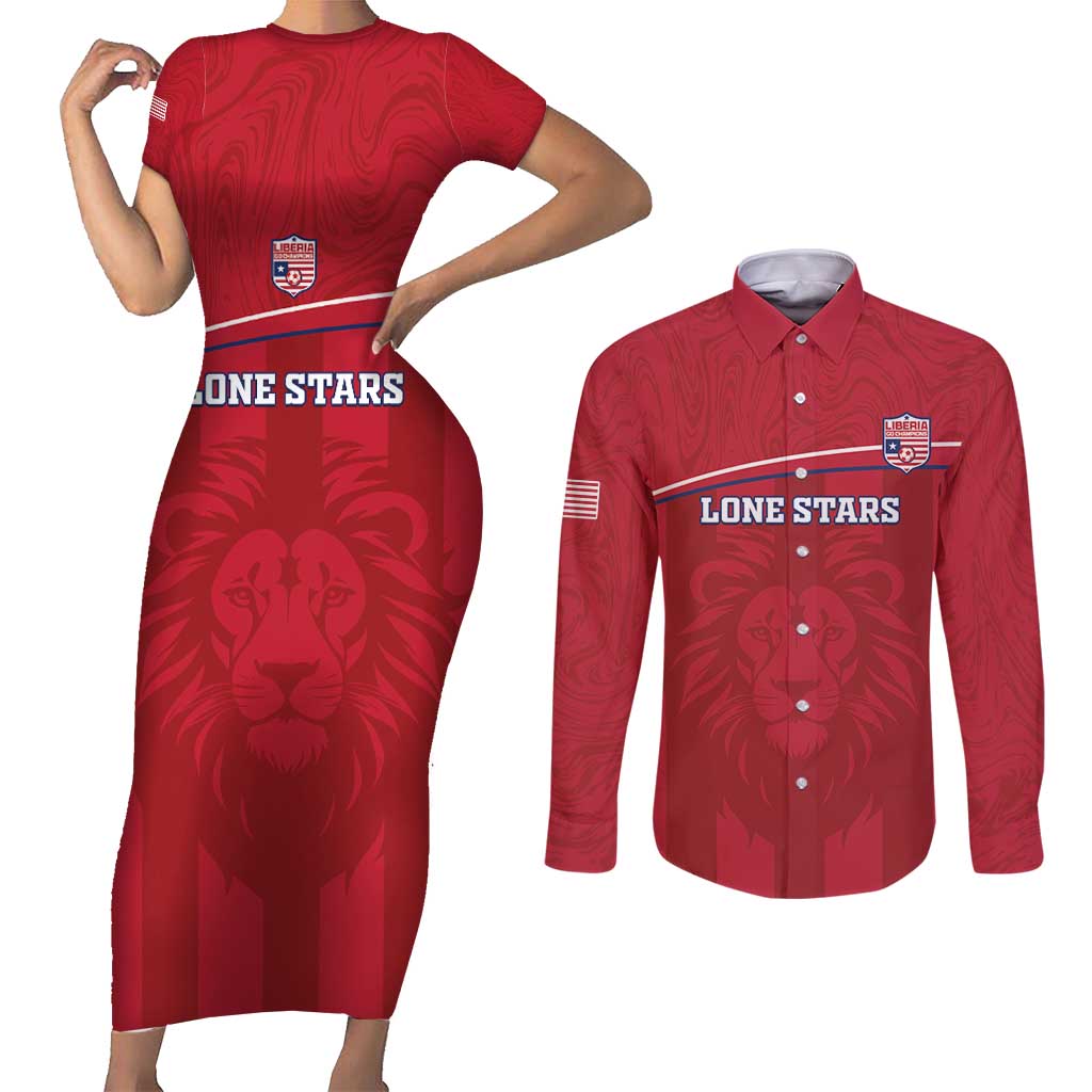 Custom Liberia Football Couples Matching Short Sleeve Bodycon Dress and Long Sleeve Button Shirt Lion Mascot - Red - Wonder Print Shop