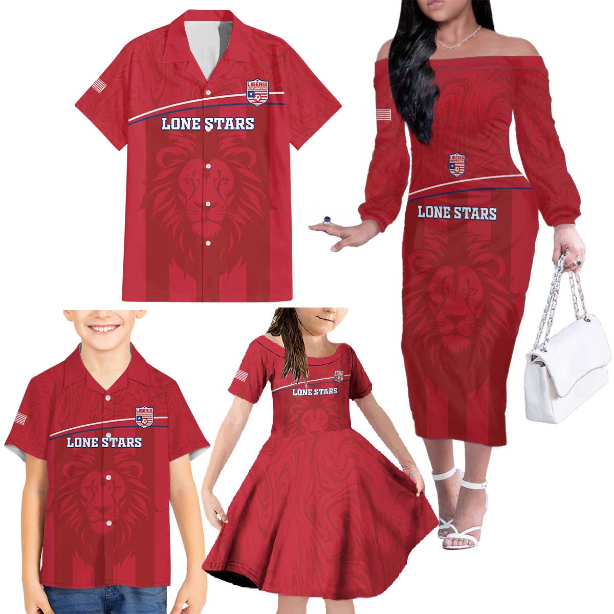 Custom Liberia Football Family Matching Off The Shoulder Long Sleeve Dress and Hawaiian Shirt Lion Mascot - Red - Wonder Print Shop