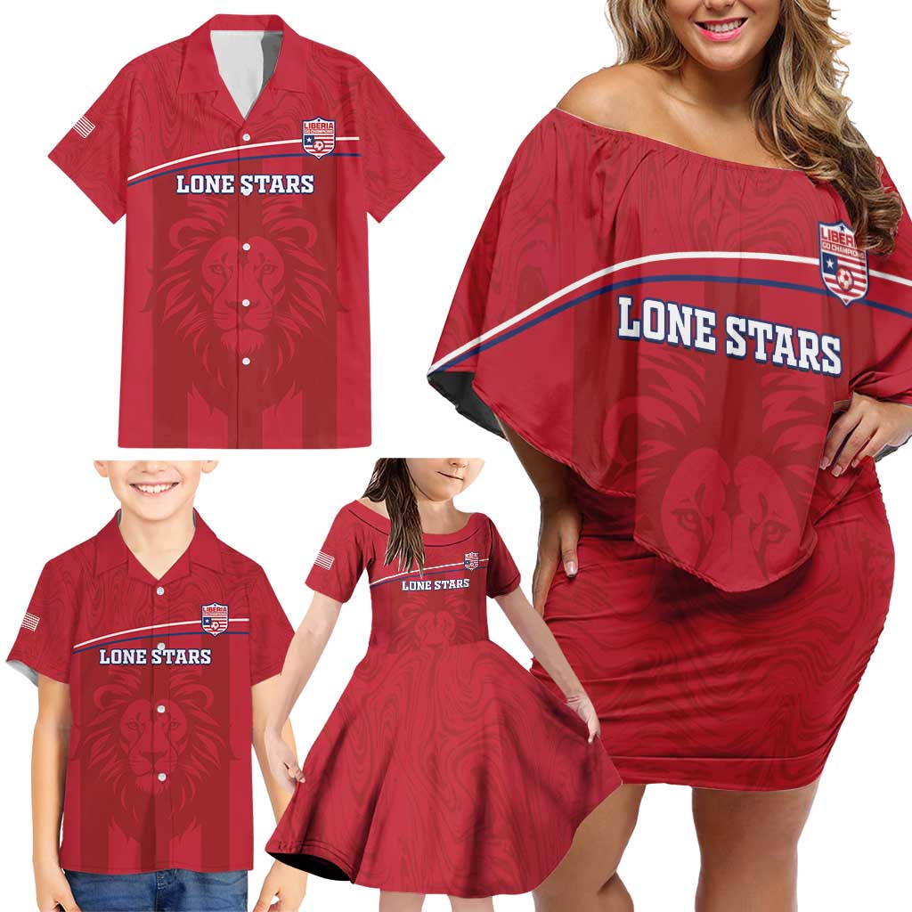 Custom Liberia Football Family Matching Off Shoulder Short Dress and Hawaiian Shirt Lion Mascot - Red - Wonder Print Shop