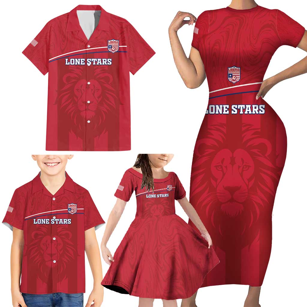 Custom Liberia Football Family Matching Short Sleeve Bodycon Dress and Hawaiian Shirt Lion Mascot - Red - Wonder Print Shop