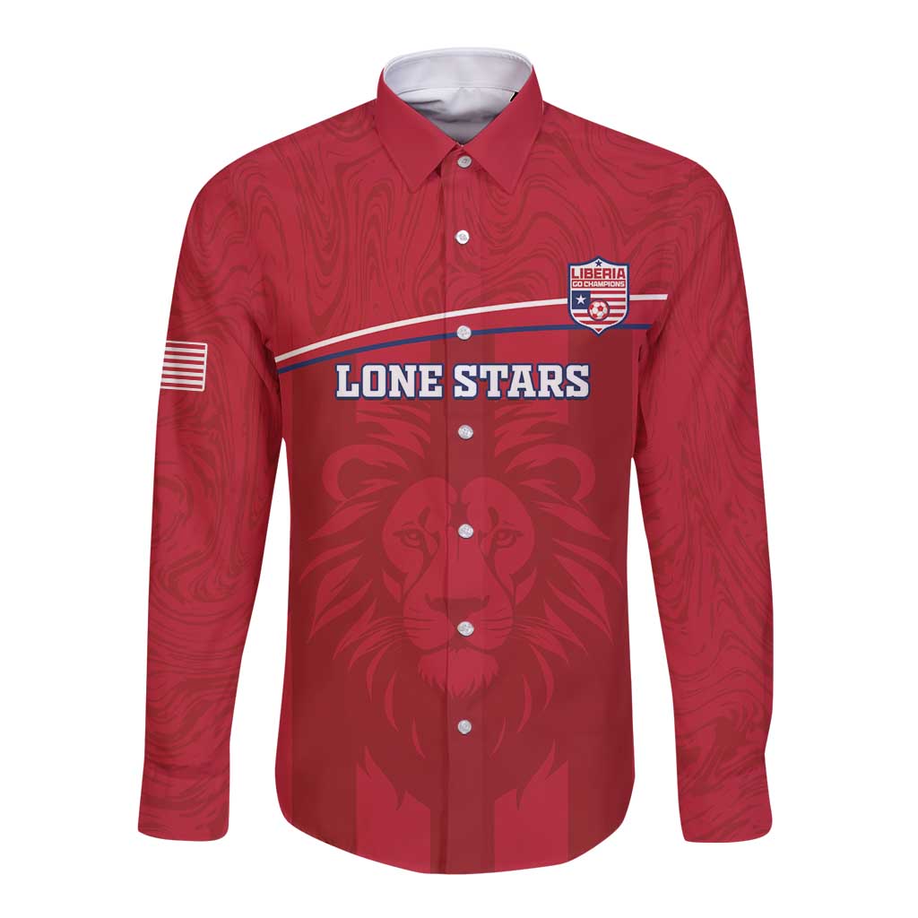 Red long-sleeve button shirt with lion mascot and Liberia crest front graphic