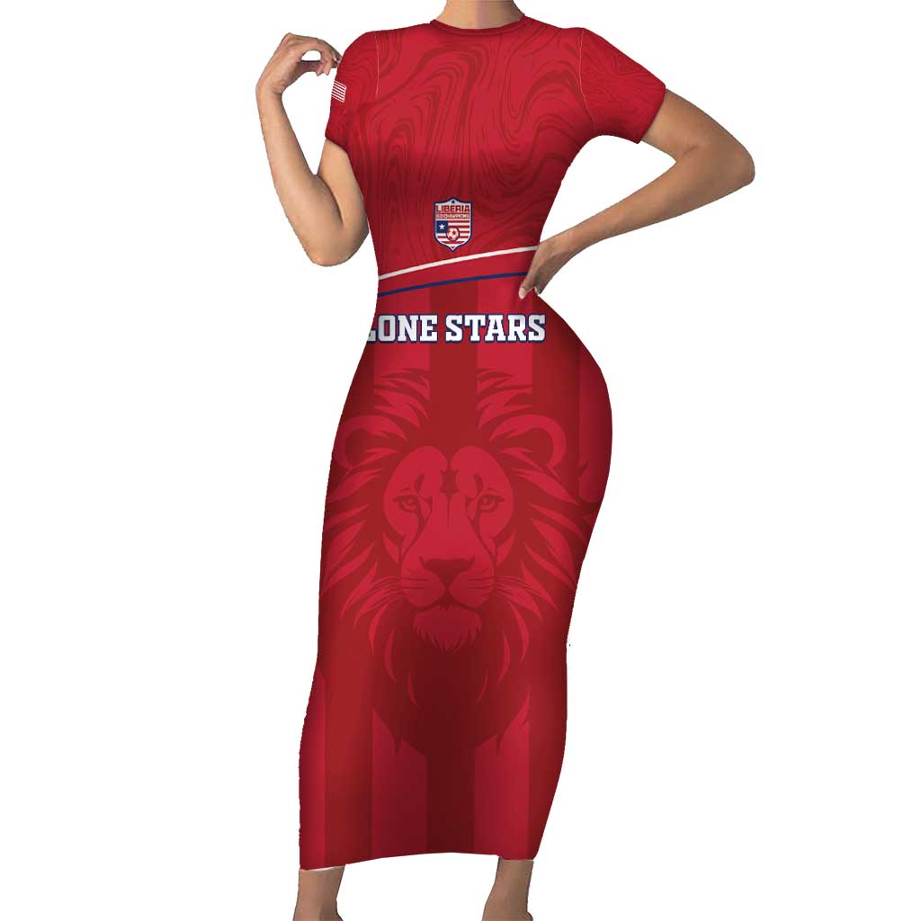 Custom Liberia Football Short Sleeve Bodycon Dress Lion Mascot - Red - Wonder Print Shop