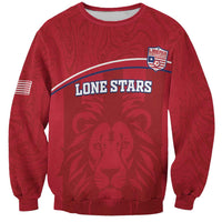Red football sweatshirt with lion graphic and 'LONE STARS' crest, crew neck.