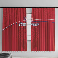 Red football window curtain pair with crest and 'YOUR TEXT' across the panels