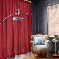Red football window curtains with crest logo, 'YOUR TEXT' banner, and lion pattern