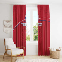 Red window curtains with rod header, crest logo, and 'YOUR TEXT' centered