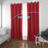 Red window curtain panels with top rings on rod and crest logos with 'YOUR TEXT'
