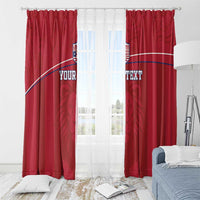 Red football window curtains with crest logos and 'YOUR TEXT' on the center opening