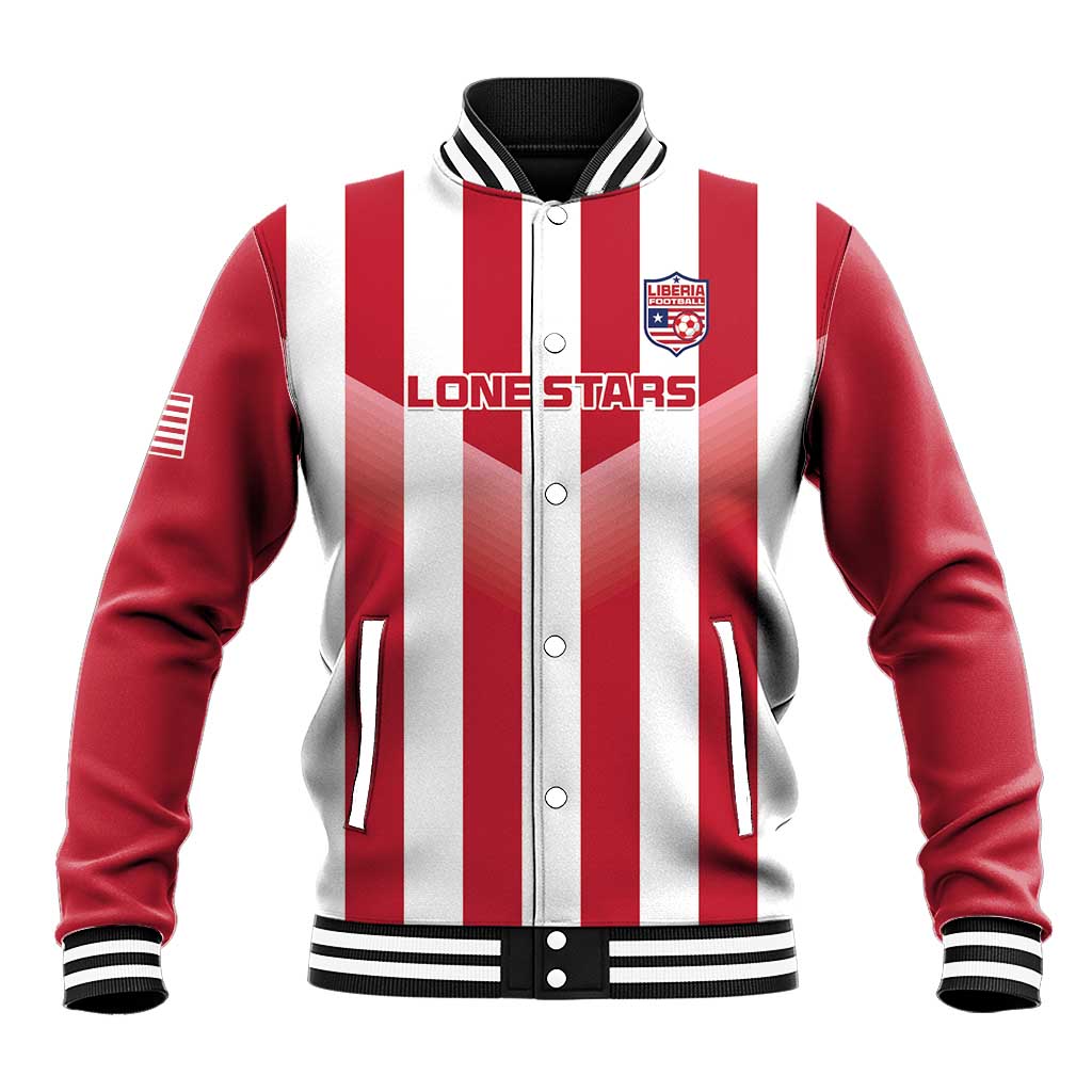Red/white striped baseball jacket with black ribbed collar, snap front, crest patch