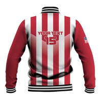 Red/white striped baseball jacket with custom back text and number 15, black ribbed cuffs