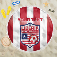 Red and white striped Liberia football beach blanket with fringe edge and custom text