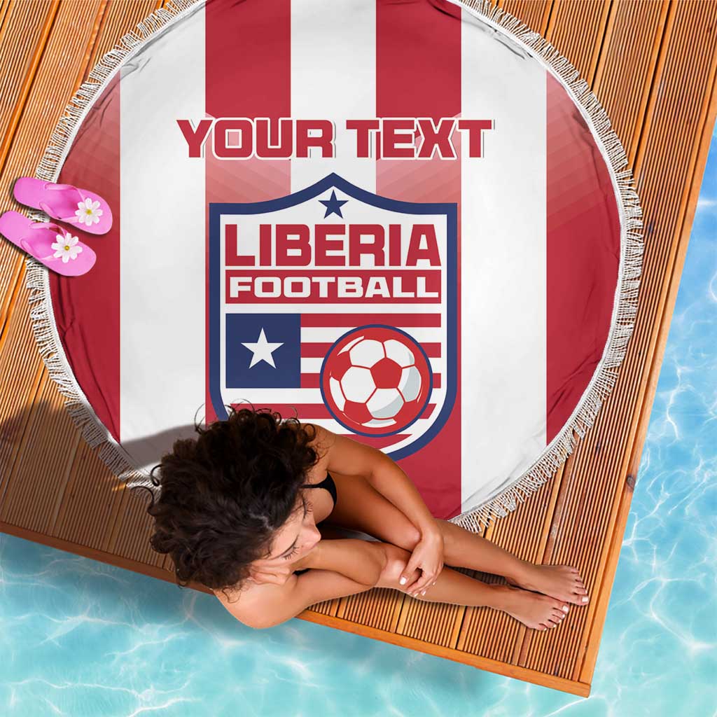 Round red and white Liberia football beach blanket with fringe edge and custom text