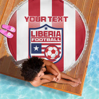 Round red and white Liberia football beach blanket with fringe edge and custom text
