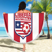 Liberia football beach blanket with red-and-white stripes, fringe edge, and centered logo