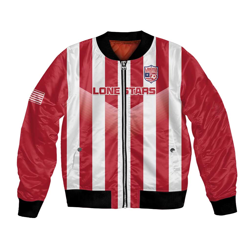 Red and white striped football bomber jacket, front zipper, Liberia patches, black rib trim