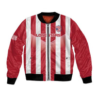 Red and white striped football bomber jacket, front zipper, Liberia patches, black rib trim