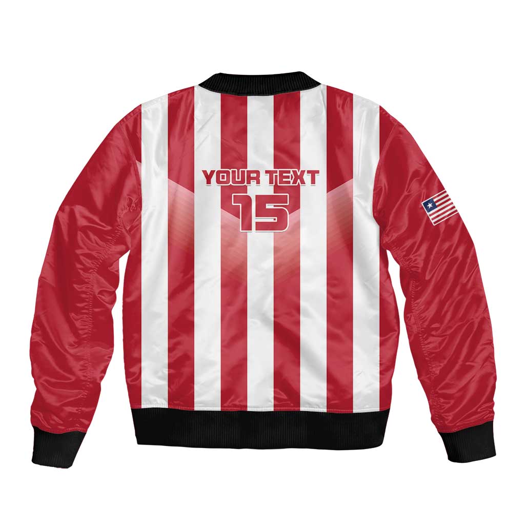 Red and white striped bomber jacket back, 'YOUR TEXT' and 15 print, black rib hem