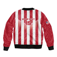 Red and white striped bomber jacket back, 'YOUR TEXT' and 15 print, black rib hem