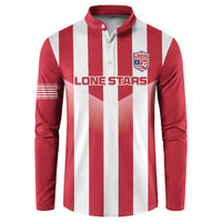 Red and white striped button henley sweatshirt with Liberia crest