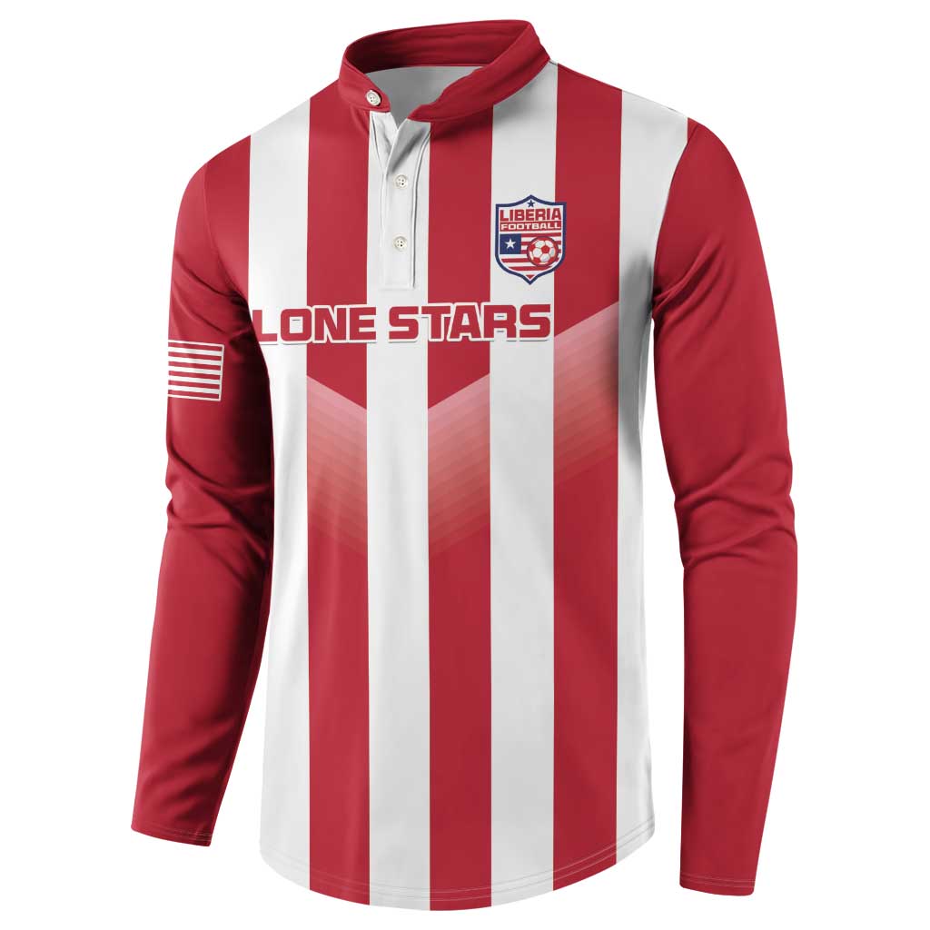 Red and white striped button henley sweatshirt with Liberia front crest