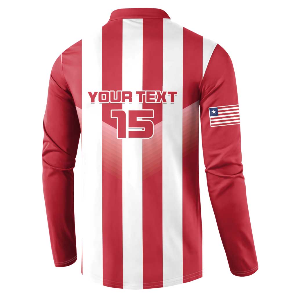 Back red/white striped button henley with 'YOUR TEXT 15' and USA flag sleeve patch