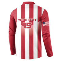 Back red/white striped button henley with 'YOUR TEXT 15' and USA flag sleeve patch