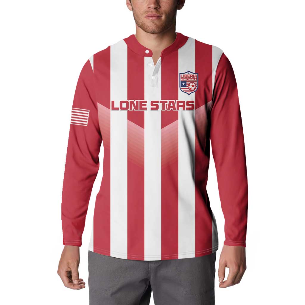 Red and white striped button henley sweatshirt with front Liberia crest and USA flag sleeve