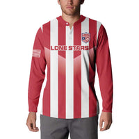 Red and white striped button henley sweatshirt with front Liberia crest and USA flag sleeve