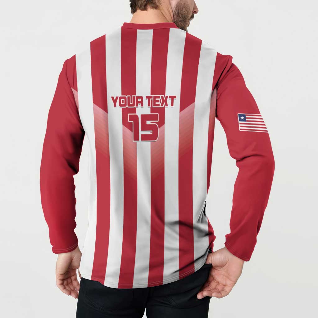 Back red/white striped button henley with 'YOUR TEXT 15' and USA flag sleeve patch