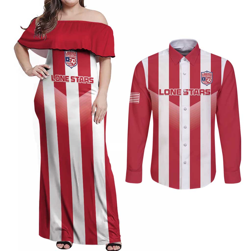 Custom Liberia Football Couples Matching Off Shoulder Maxi Dress and Long Sleeve Button Shirt Sporty Style - Wonder Print Shop