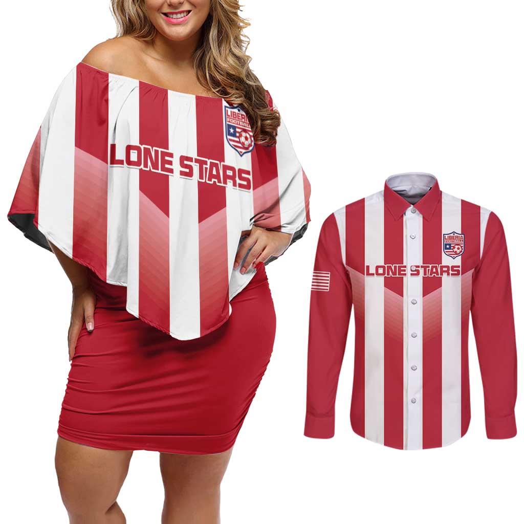 Custom Liberia Football Couples Matching Off Shoulder Short Dress and Long Sleeve Button Shirt Sporty Style - Wonder Print Shop